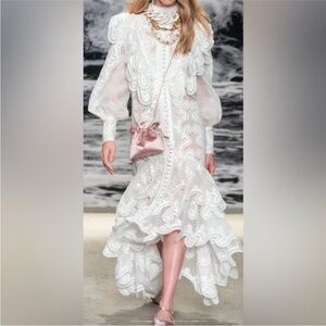 🦄Zimmermann Glassy Wave Linen Silk Embroidered Ruffled Tiered Midi Dress AU0